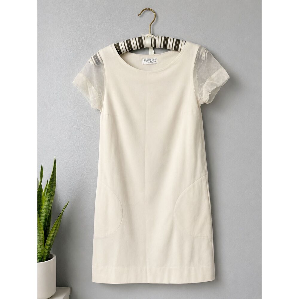 Brunello Cucinelli ivory/cream mini shift dress, made in Italy.
